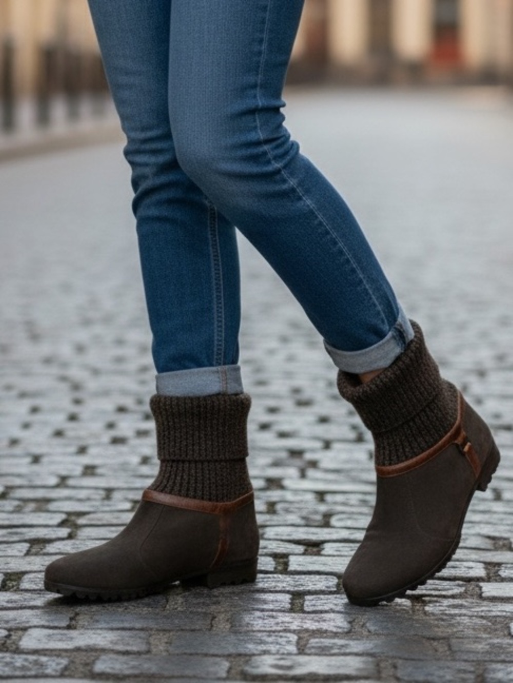 Prevata Dark Brown Leather Knit Slouch Lug Sole Italian Boot Sz 8.5